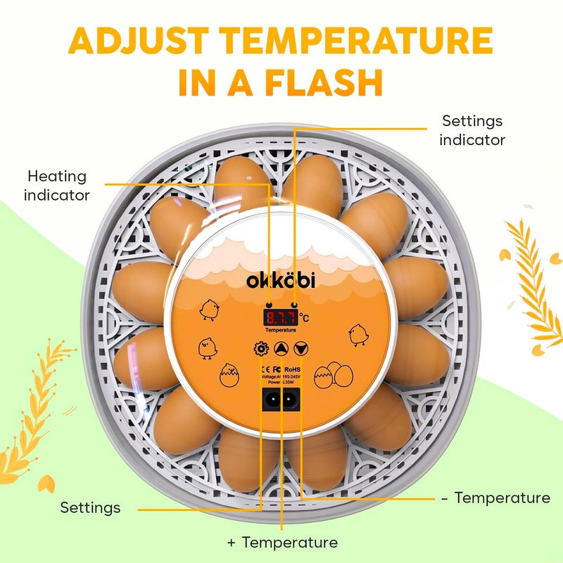 OKKÖBI حاضنة بيض أوكوبى M12 مع محول تلقائي وتحكم في الرطوبة - 12/24 بيضة، رؤية 360°، سهلة الاستخدام والتنظيف - حاضنة بيض الدجاج - مصنوعة للولايات المتحدة - أبيض وبرتقالي - Image 2